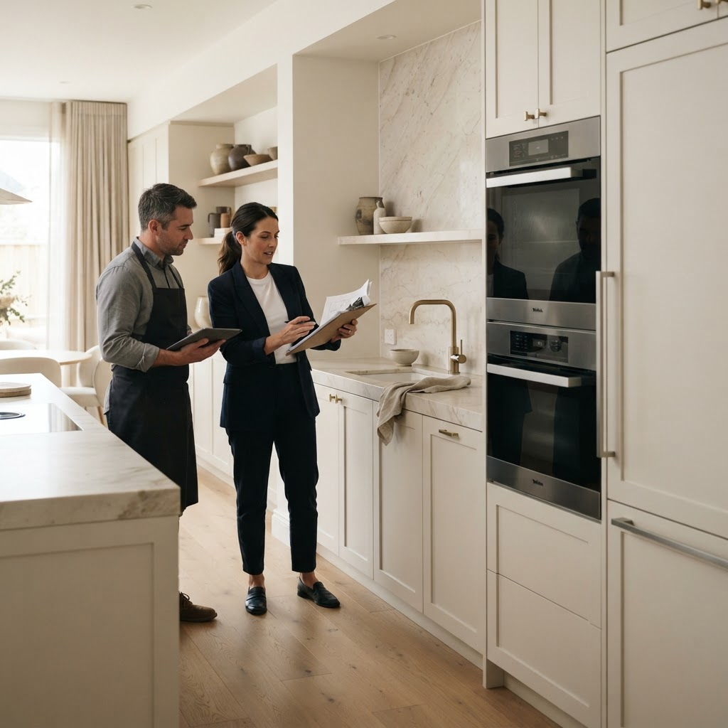 A kitchen designer reviewing plans beside newly installed premium kitchen appliances during a fit-out